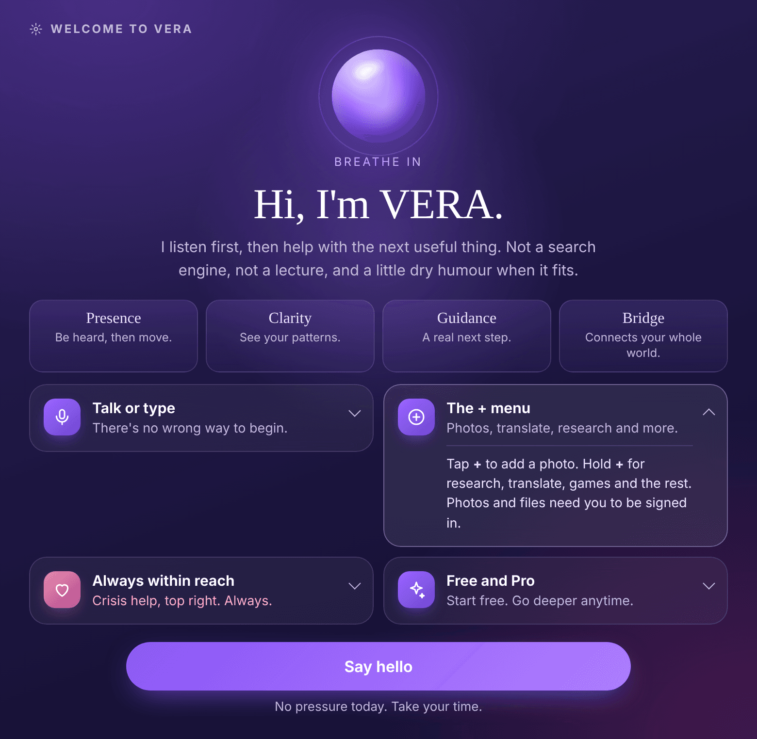 The VERA welcome card on a laptop, with talk or type, the plus menu, crisis help and Free and Pro
