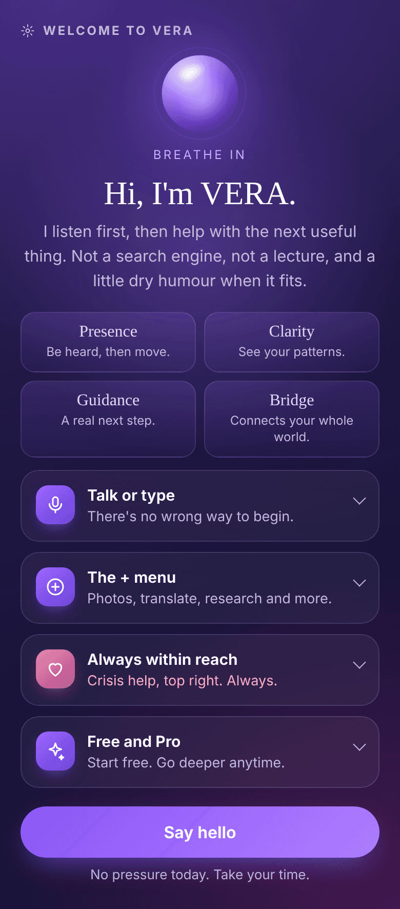 The VERA welcome screen on a phone: Hi, I'm VERA, with the four pillars Presence, Clarity, Guidance and Bridge