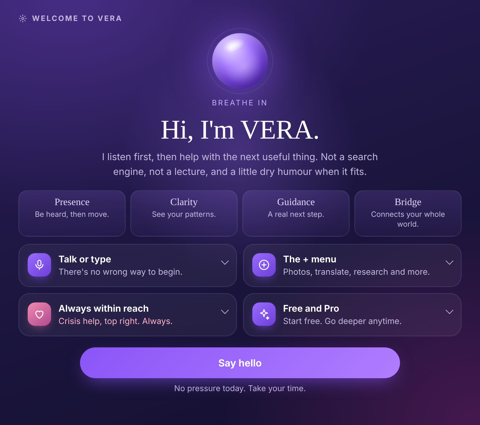 VERA welcome screen